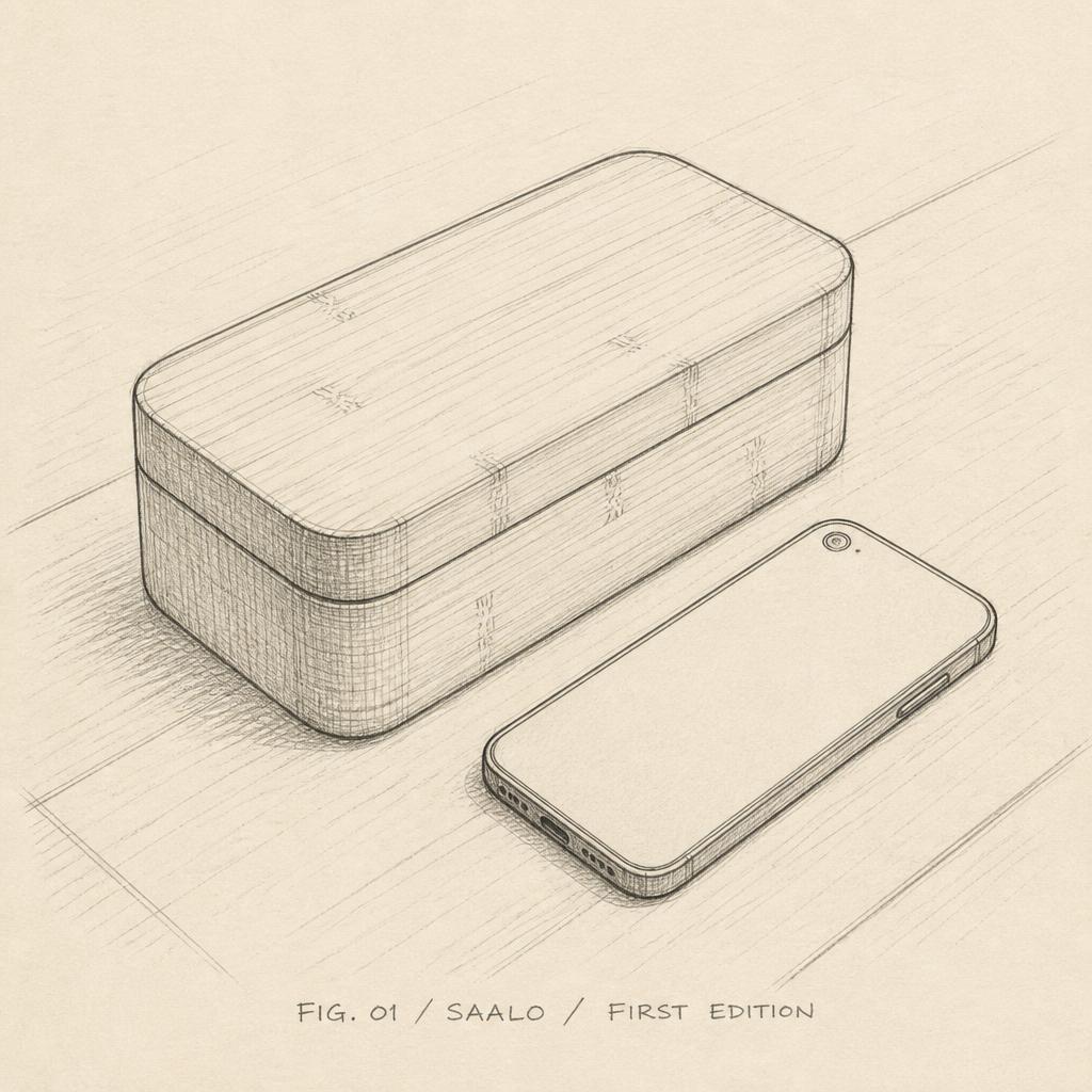 Architectural pencil sketch of the Saalo First Edition box with a phone for scale