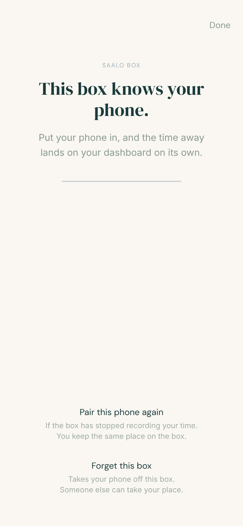 Pairing the Saalo Box: put your phone in, and the time away lands on your dashboard. Numbers are examples.