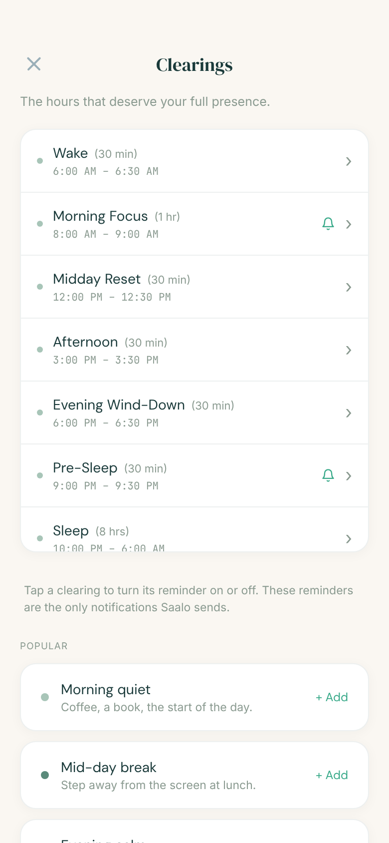 Clearings in the Saalo app: the hours you set aside, like dinner, with an optional reminder. Numbers are examples.