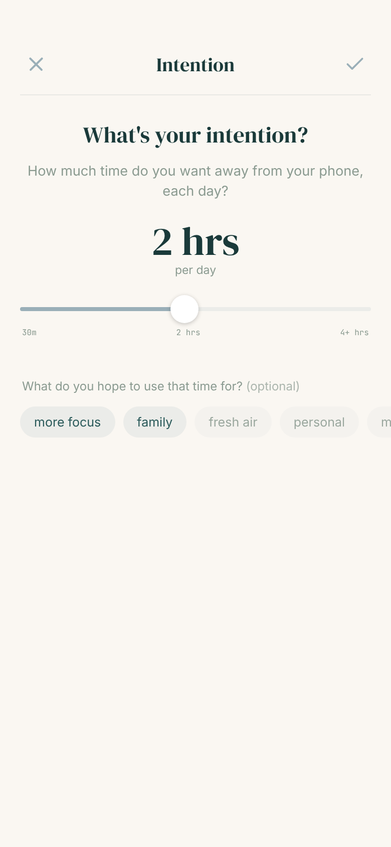 Setting an intention in the Saalo app: how much time away you want each day, and what it's for. Numbers are examples.