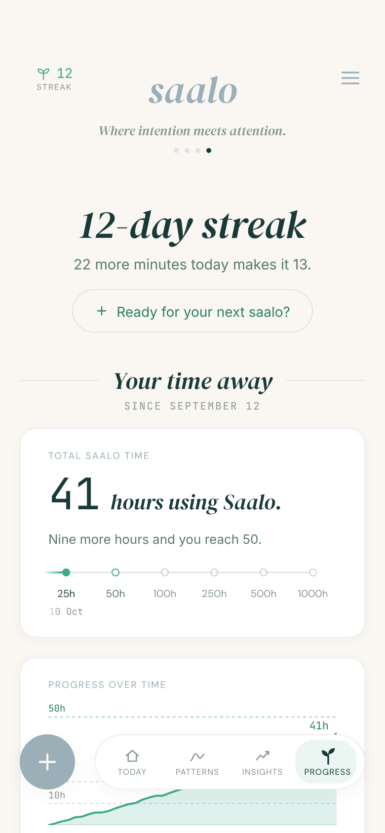 Progress in the Saalo app: your streak and your total time away. Numbers are examples.