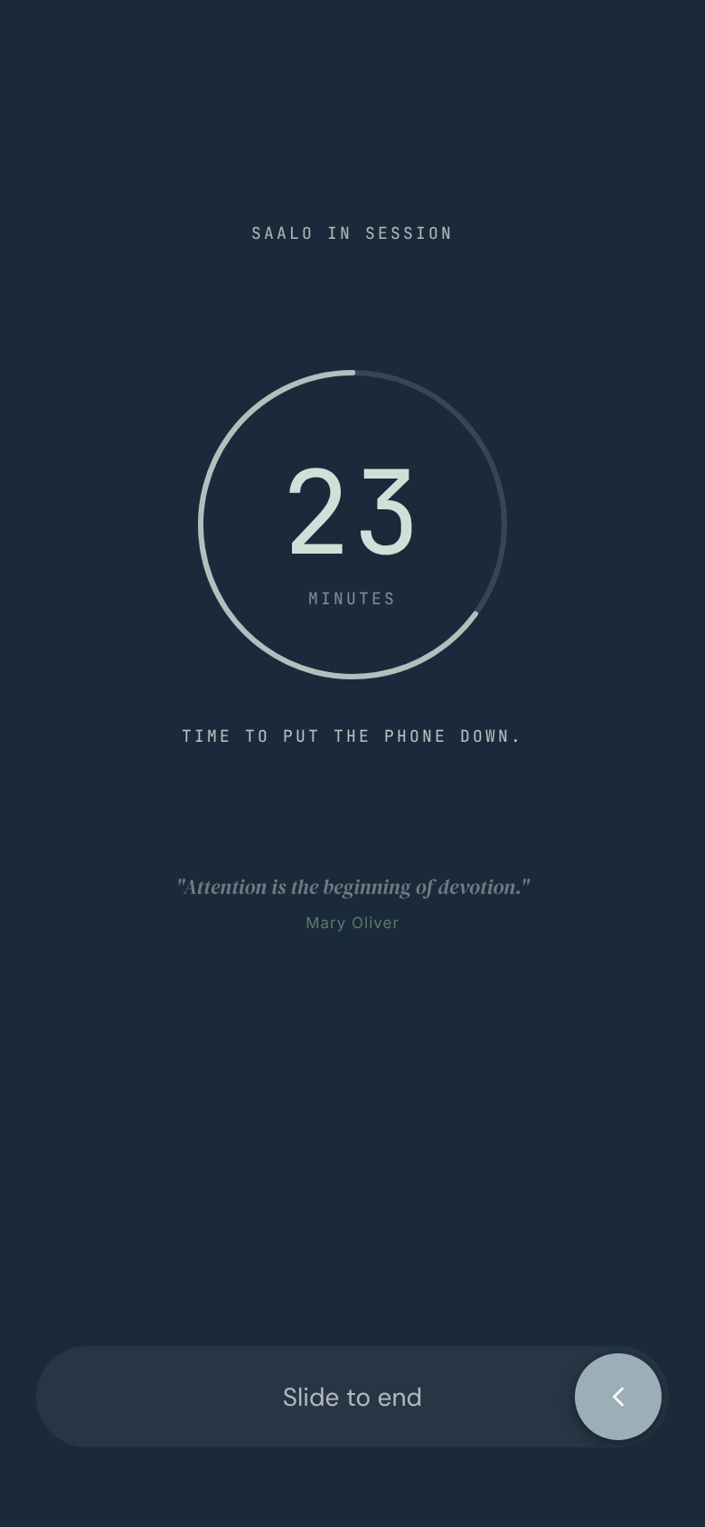 A saalo in session: just a quiet timer, with nothing to scroll. Numbers are examples.