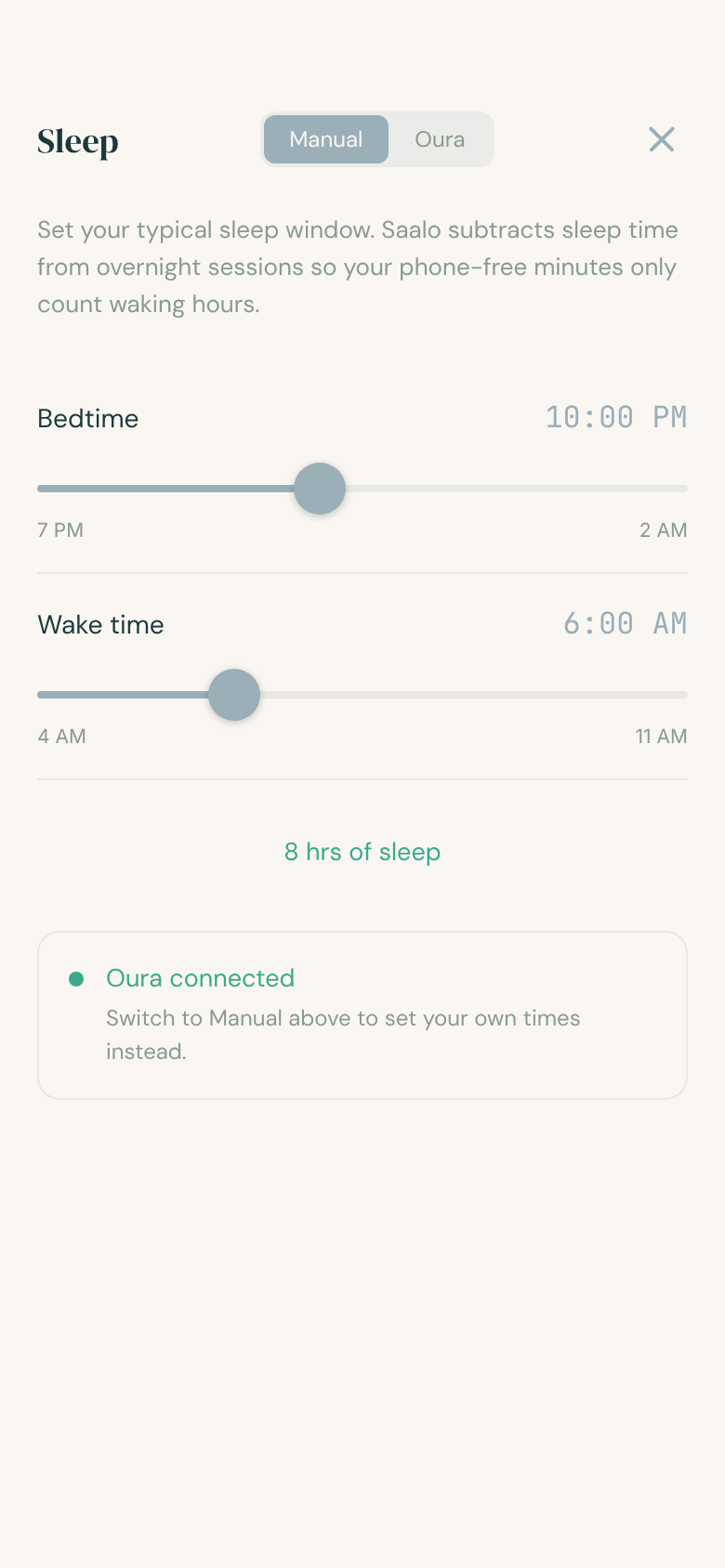 Sleep settings in the Saalo app, so overnight time isn't counted as time away. Numbers are examples.