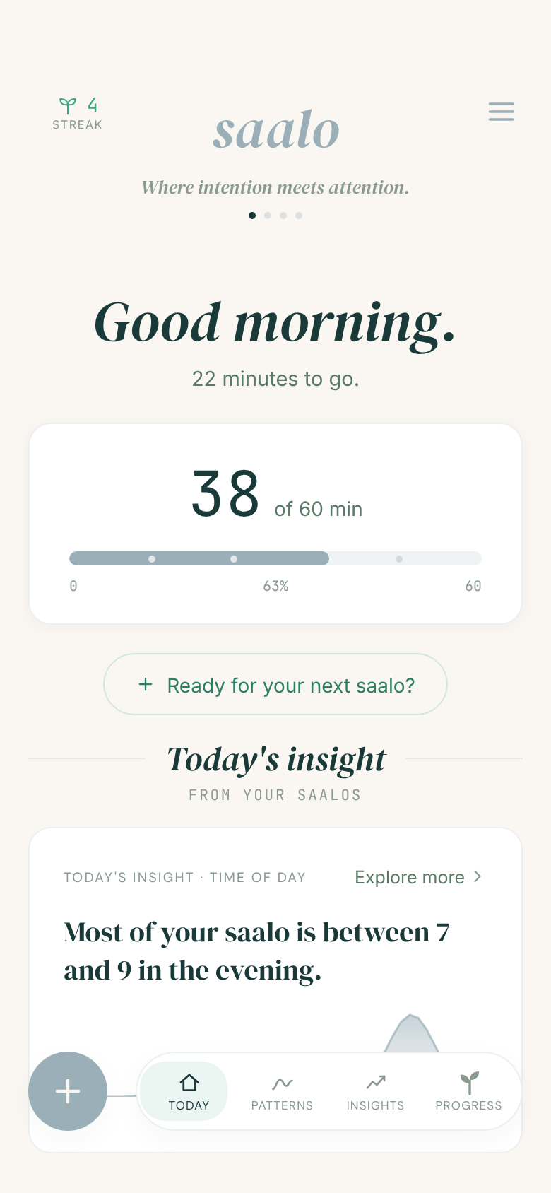 The Saalo app's Today screen: your time away so far, against your daily intention. Numbers are examples.